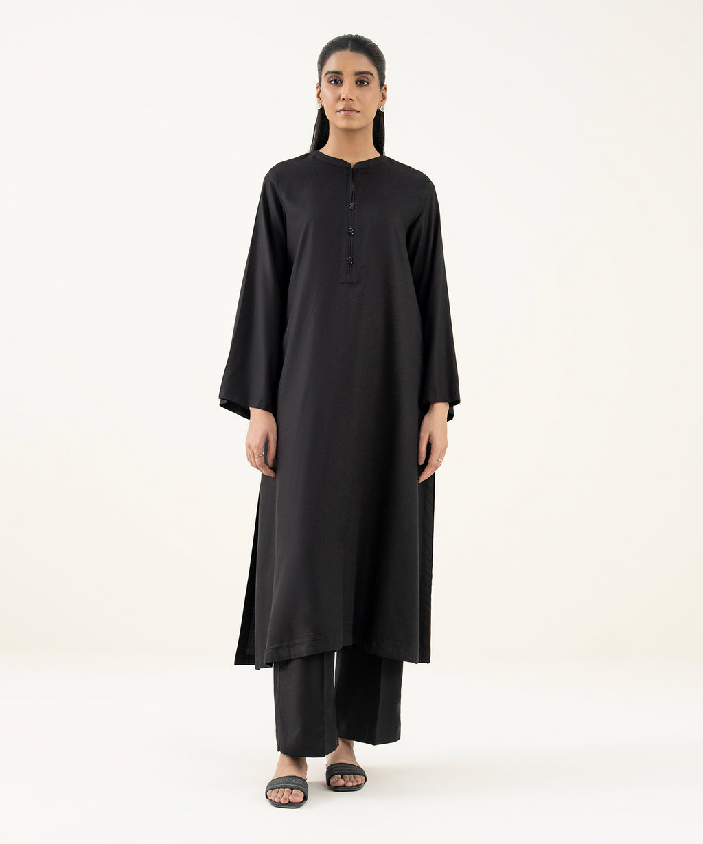 Women's RTW Dobby Black Solid Straight Shirt