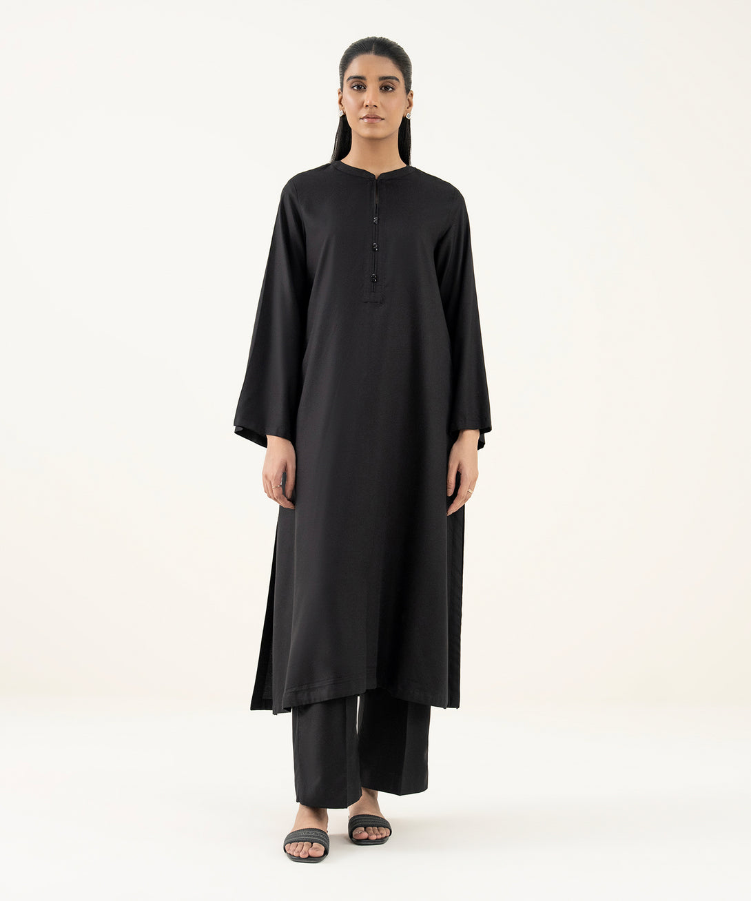 Women's RTW Dobby Black Solid Straight Shirt