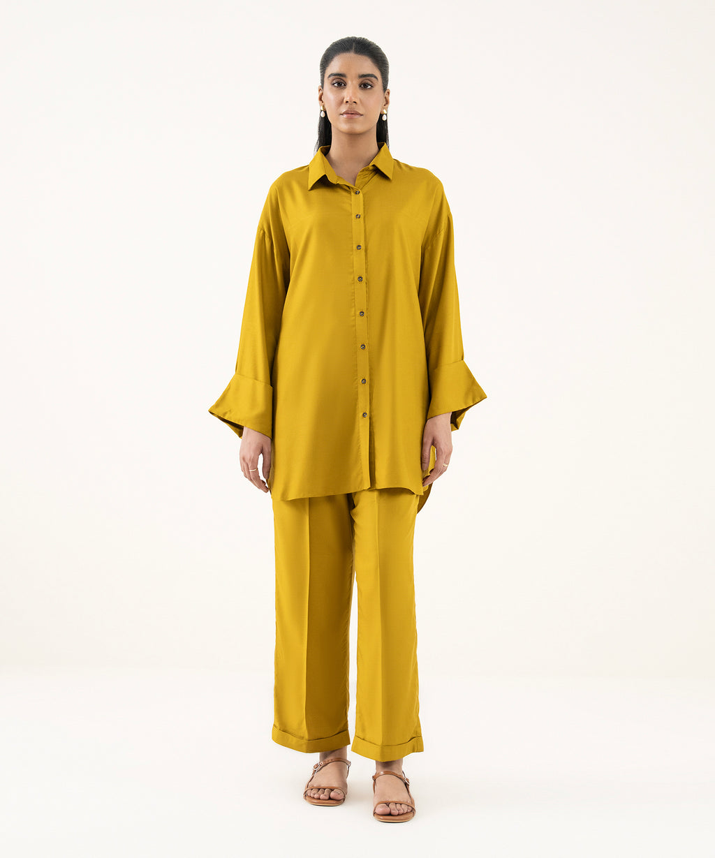 Women's RTW Dobby Mustard Solid Button Down Shirt