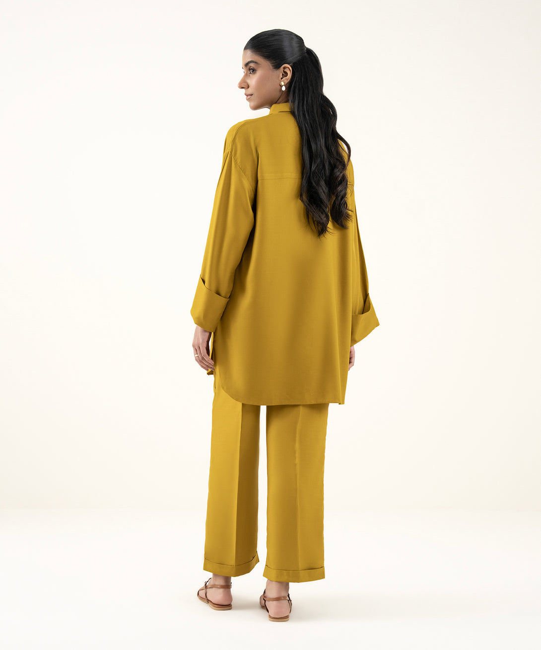 Women's RTW Dobby Mustard Solid Button Down Shirt