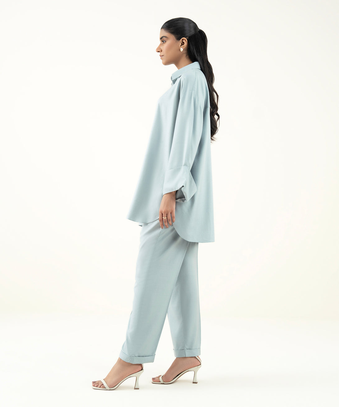 Women's RTW Dobby Blue Solid Button Down Shirt