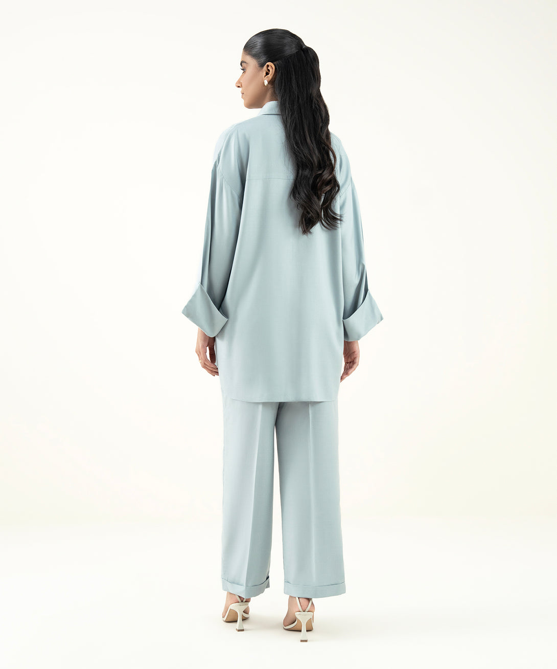 Women's RTW Dobby Blue Solid Button Down Shirt