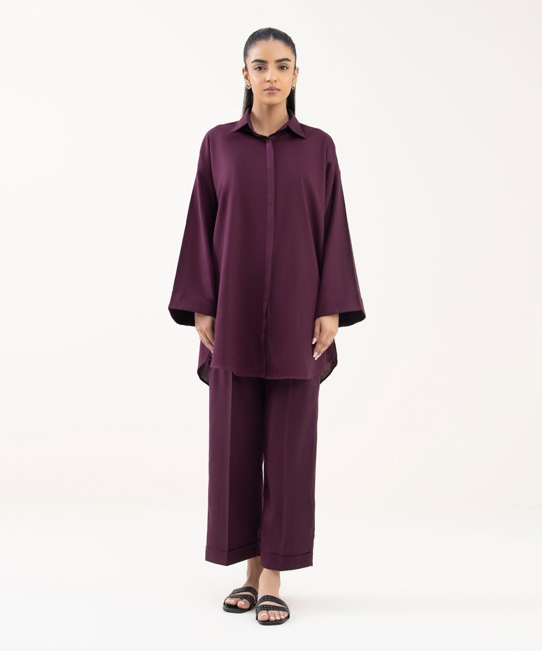 Women's RTW Cotton Linen Purple Solid Button Down Shirt