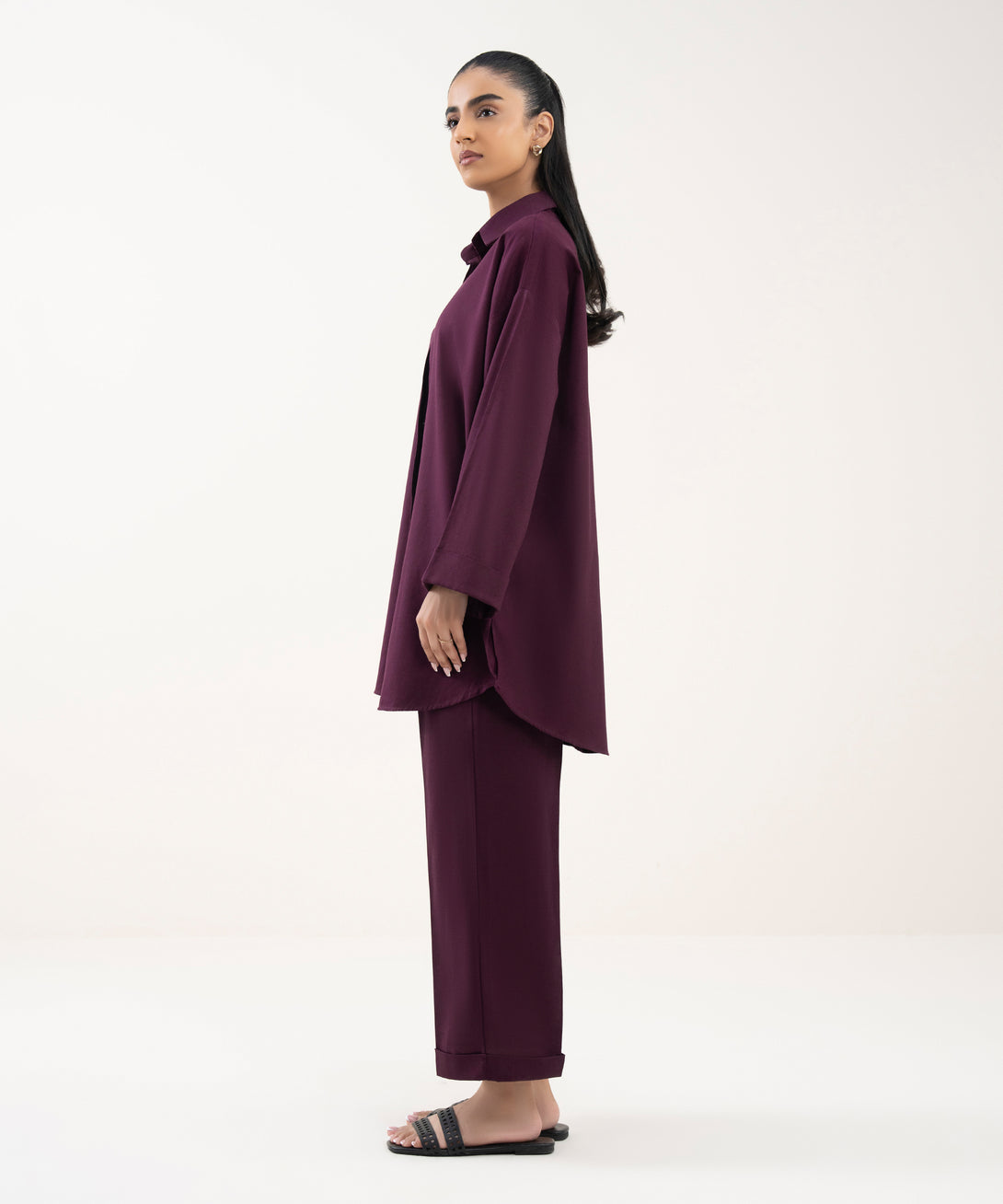 Women's RTW Cotton Linen Purple Solid Button Down Shirt