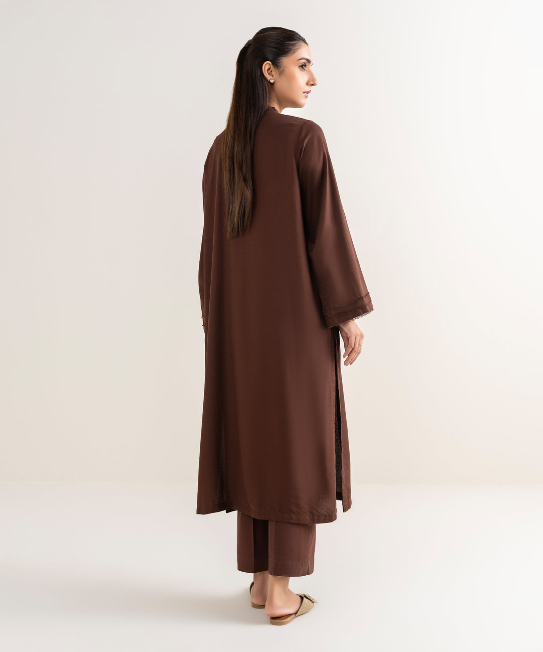 Women's RTW Textured Arabic Brown Solid A line Shirt