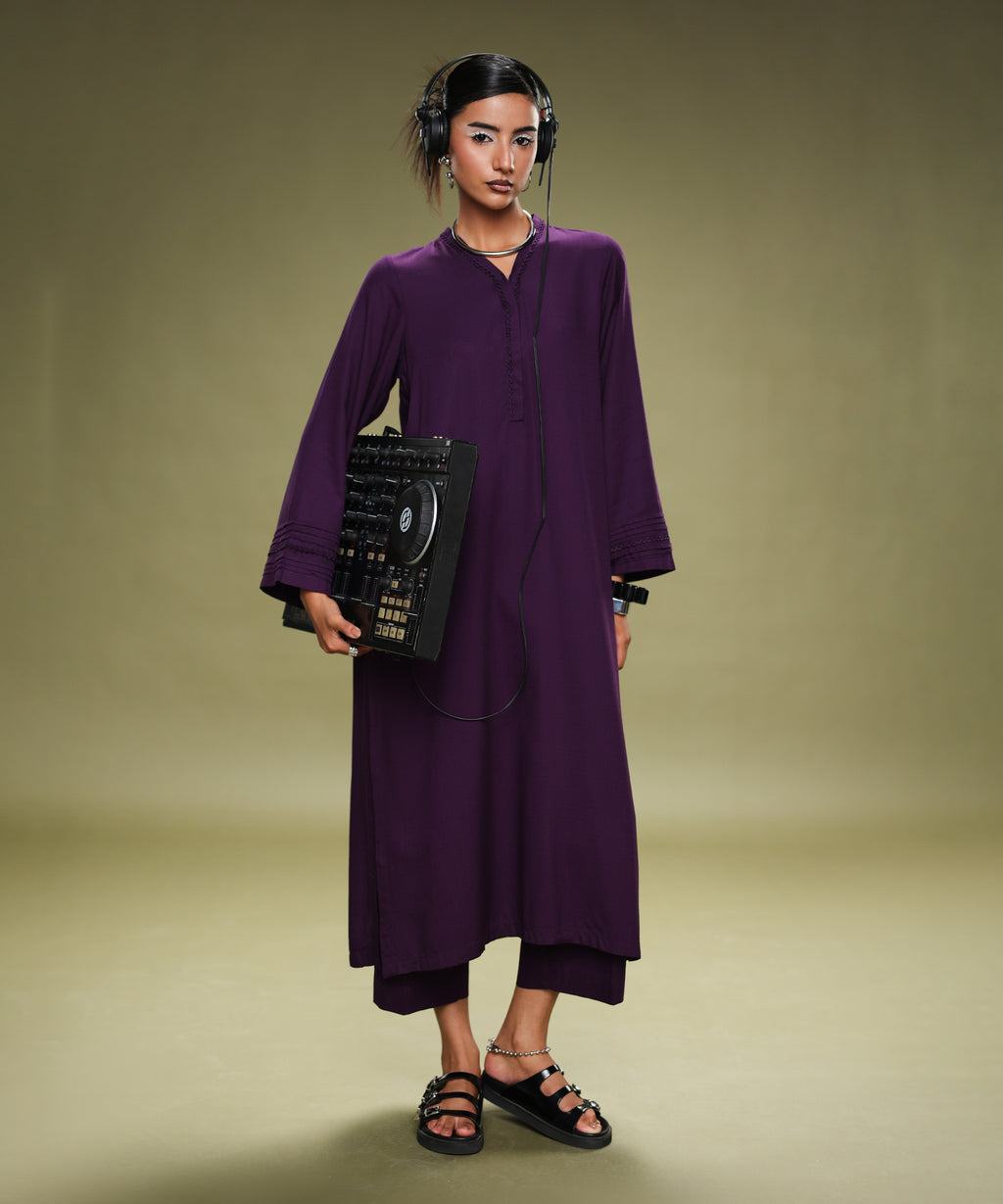 Women's RTW Textured Arabic Purple Solid Straight Shirt