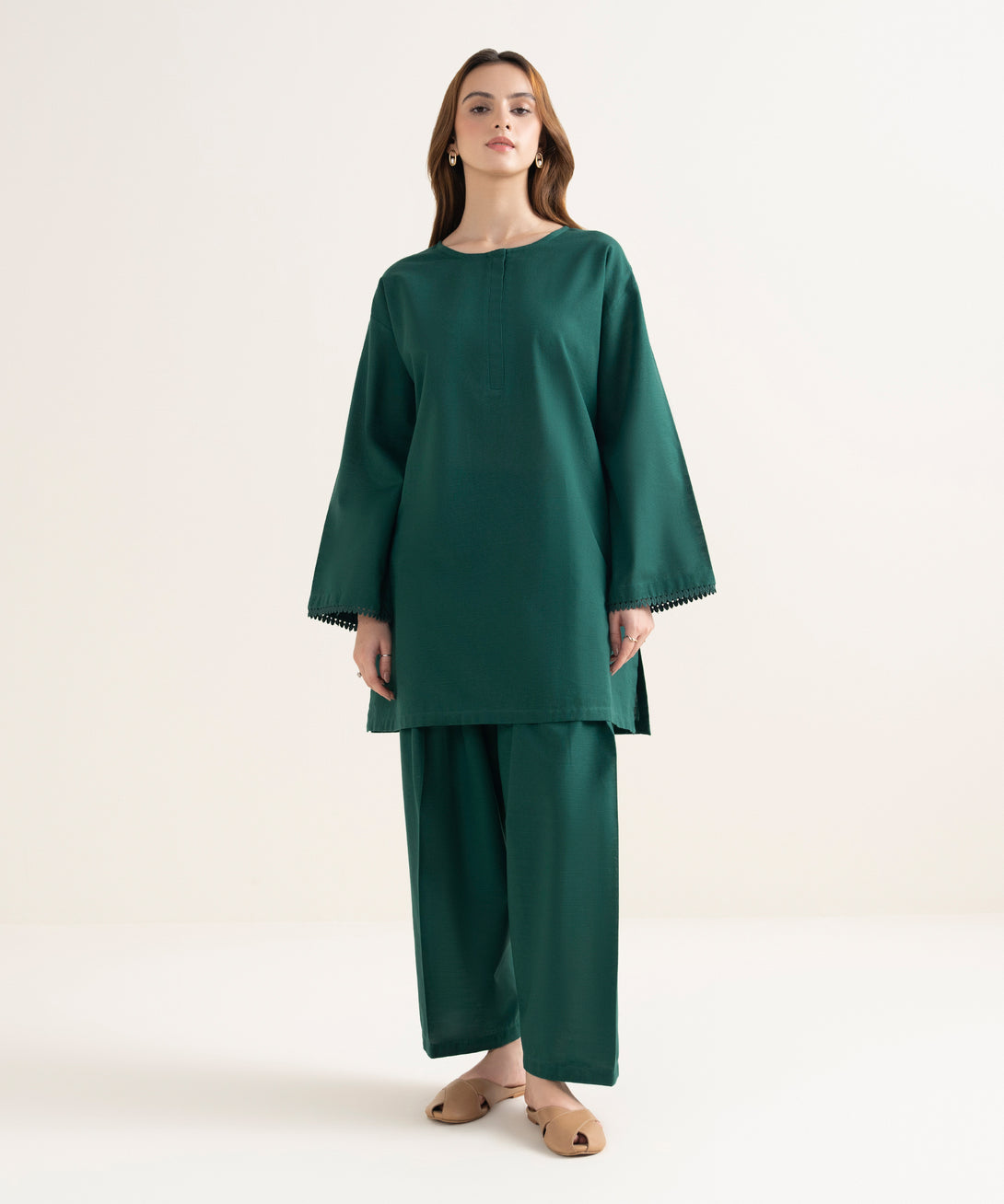 Women's RTW Khaddar Solid Boxy Green Shirt
