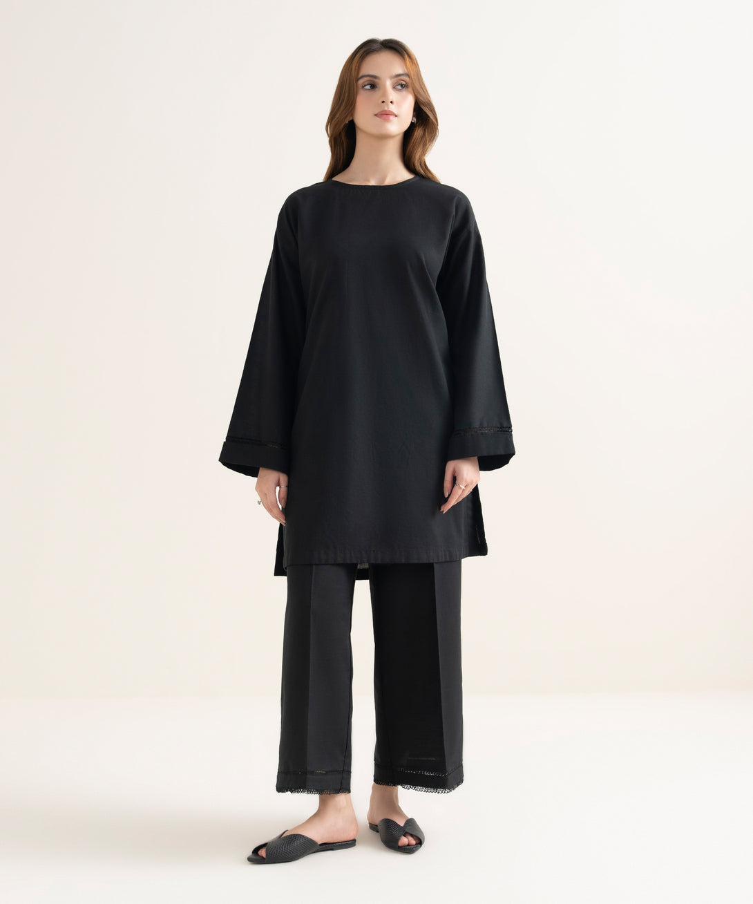 Women's RTW Khaddar Solid Drop Shoulder Black Shirt