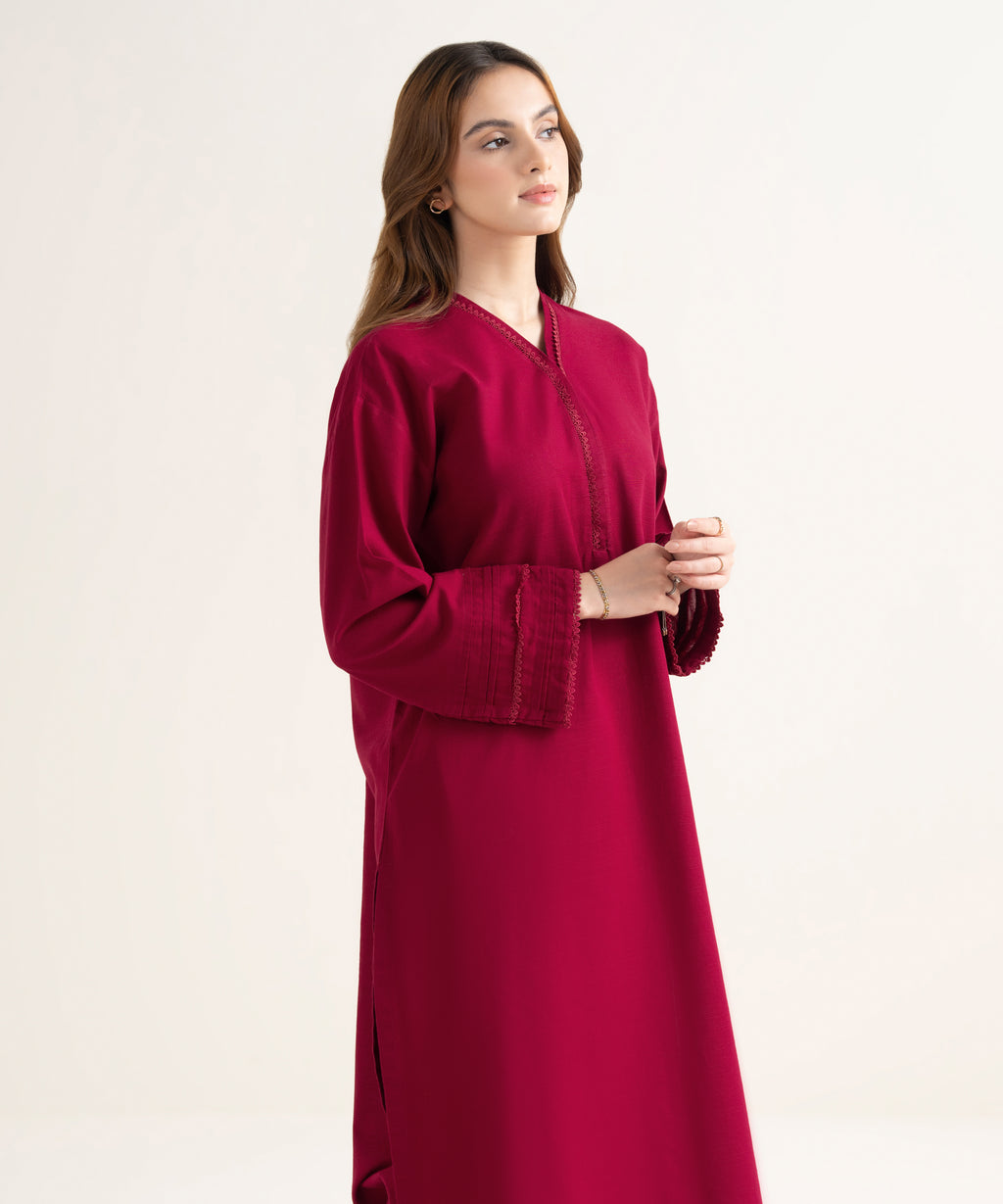 Women's RTW Khaddar Solid Drop Shoulder Red Shirt