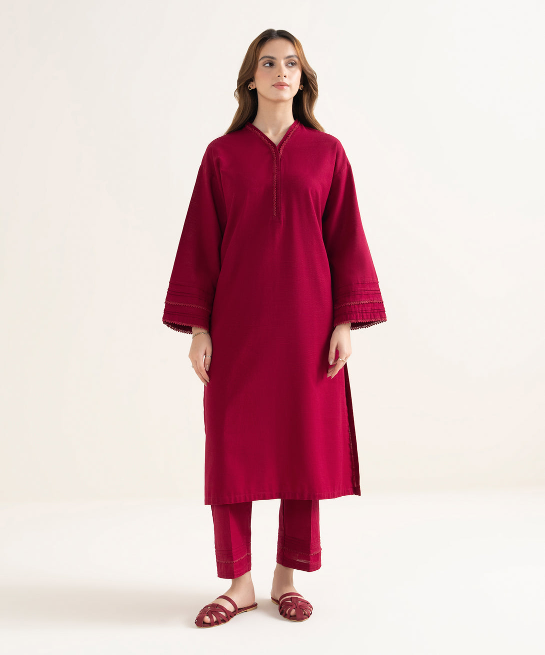 Women's RTW Khaddar Solid Drop Shoulder Red Shirt
