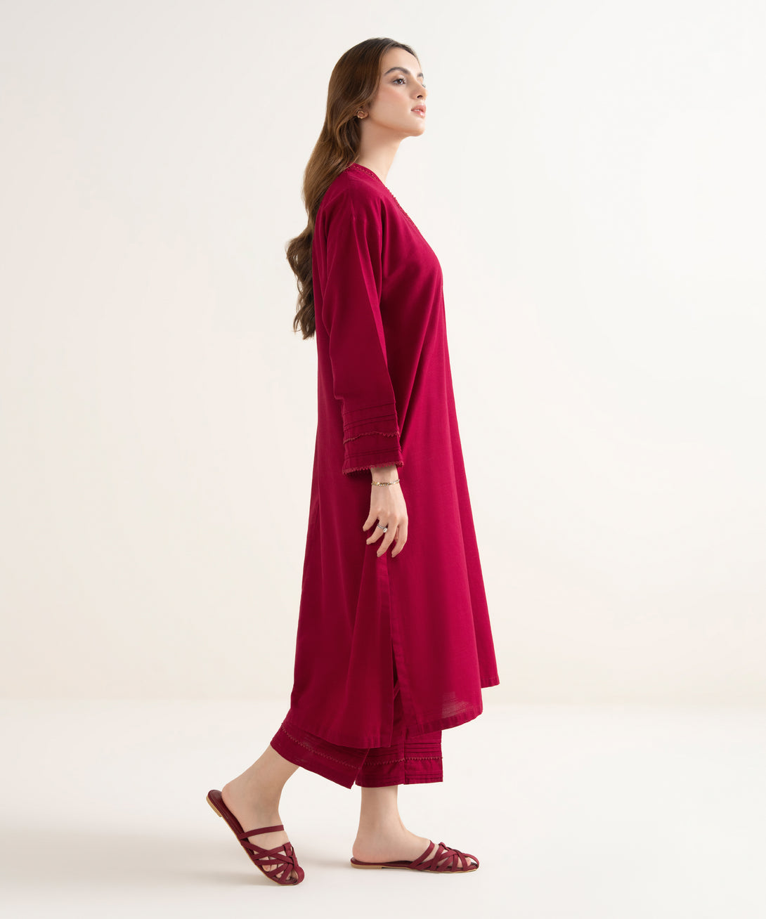 Women's RTW Khaddar Solid Drop Shoulder Red Shirt