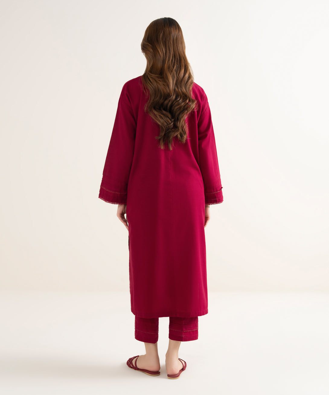 Women's RTW Khaddar Solid Drop Shoulder Red Shirt