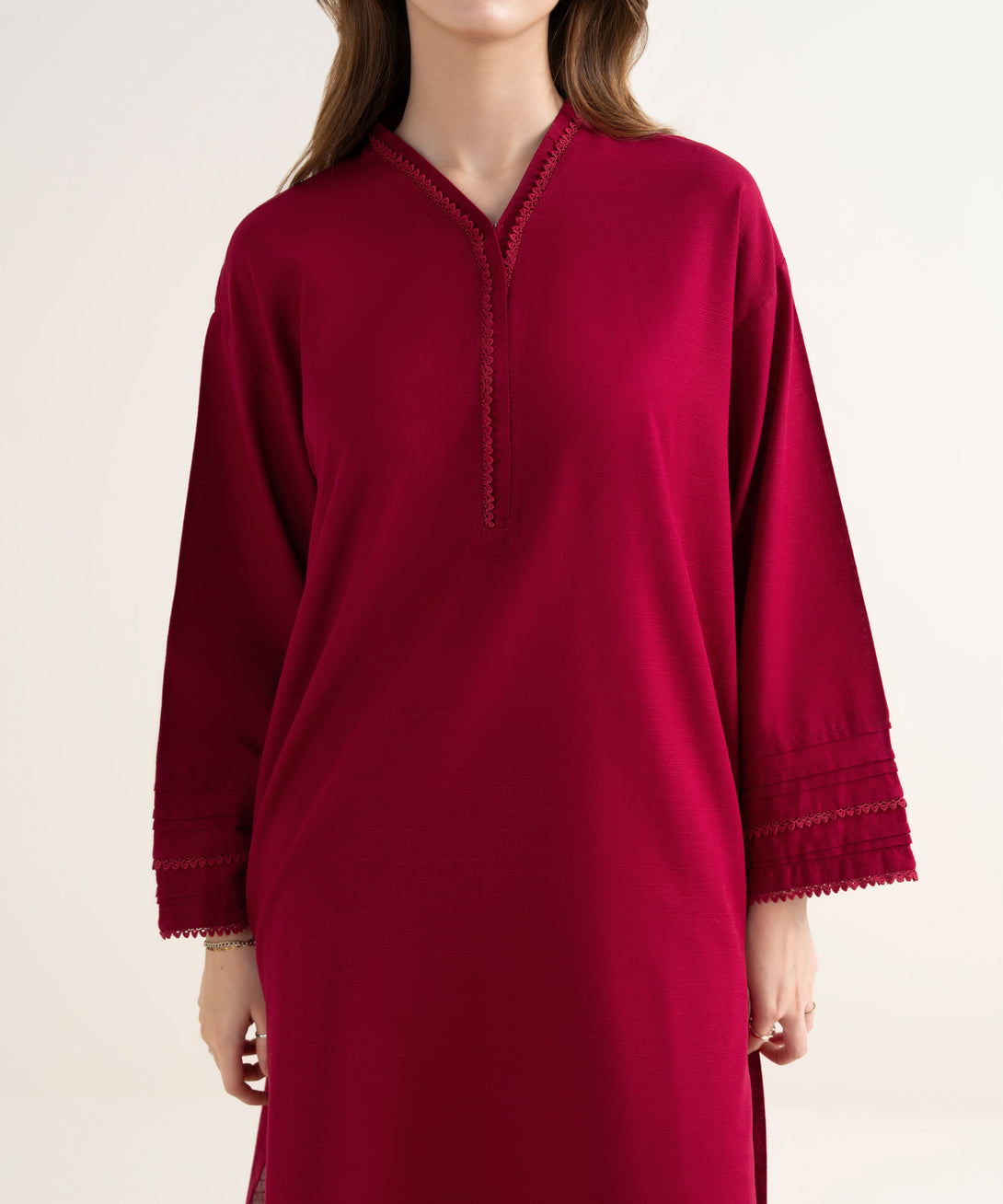 Women's RTW Khaddar Solid Drop Shoulder Red Shirt