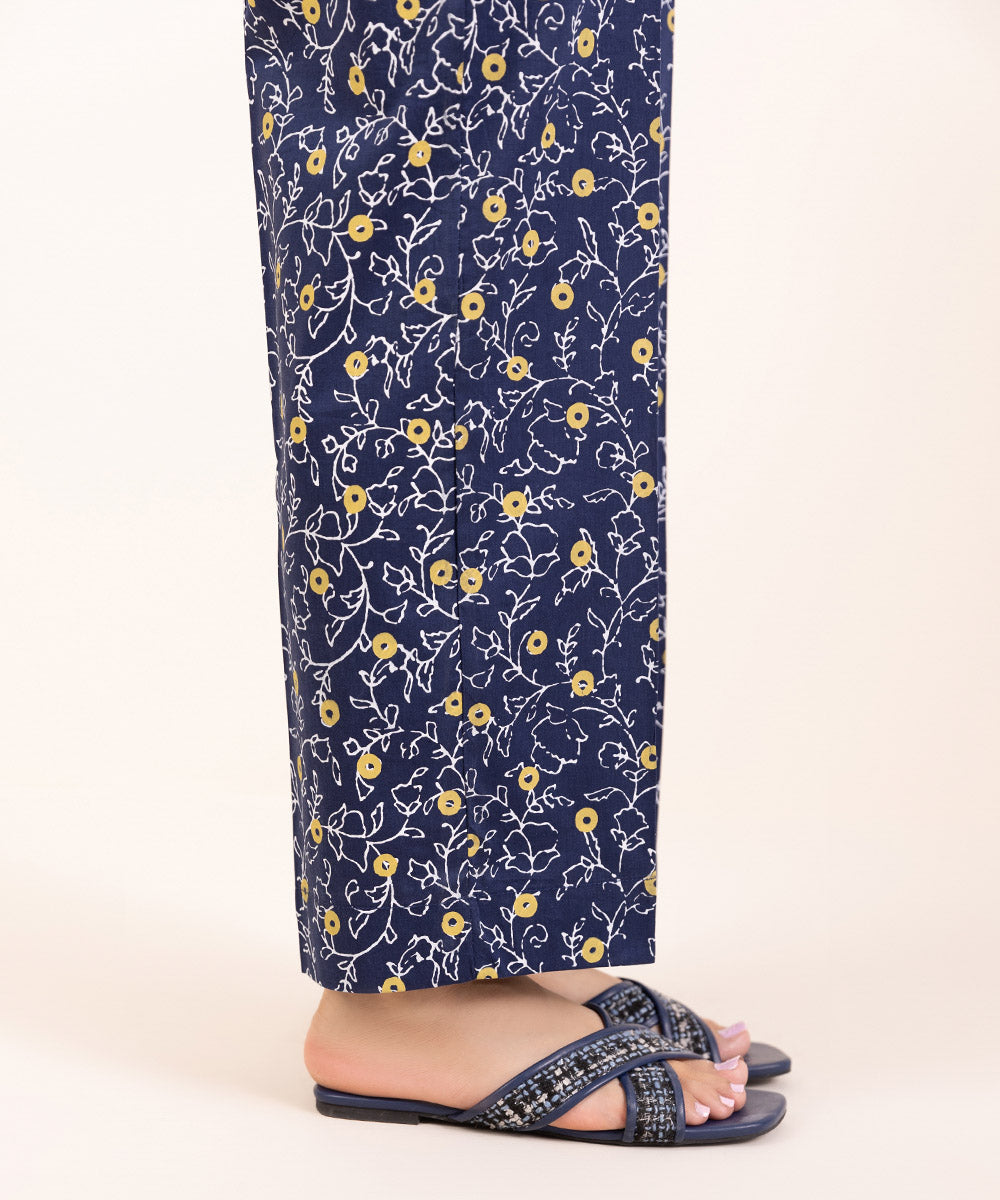 Women's Pret Cotton Viscose Blue Printed Straight Pants