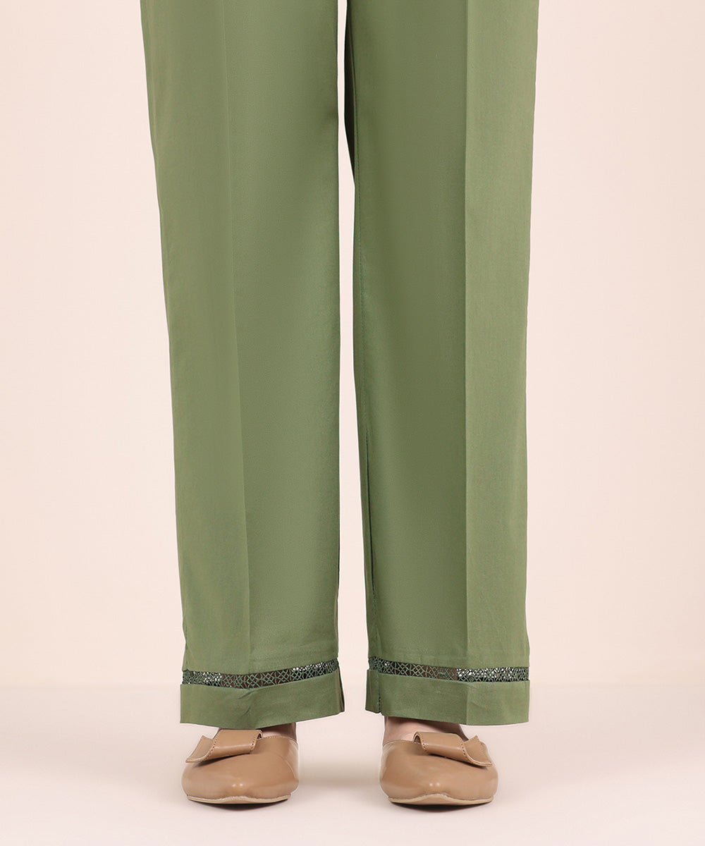 Women's Pret Cambric Green Solid Straight Pants