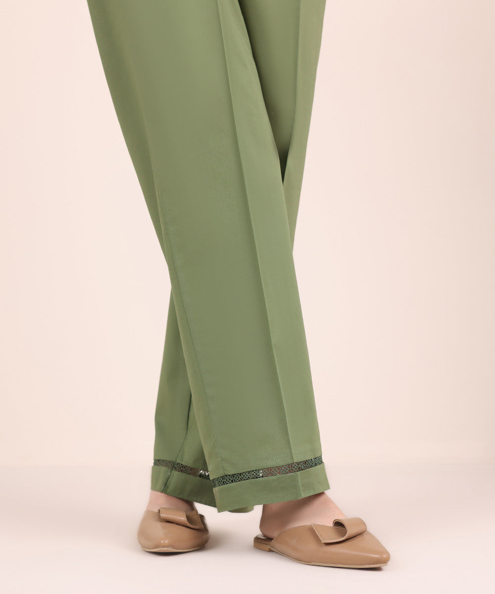 Women's Pret Cambric Green Solid Straight Pants