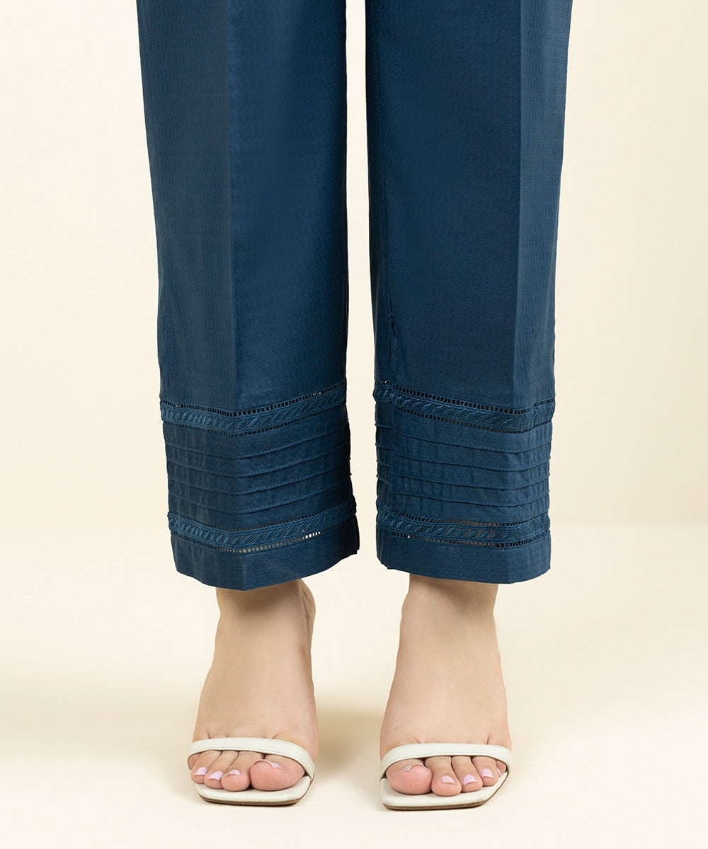 Women's Pret Dobby Solid Blue Straight Pants