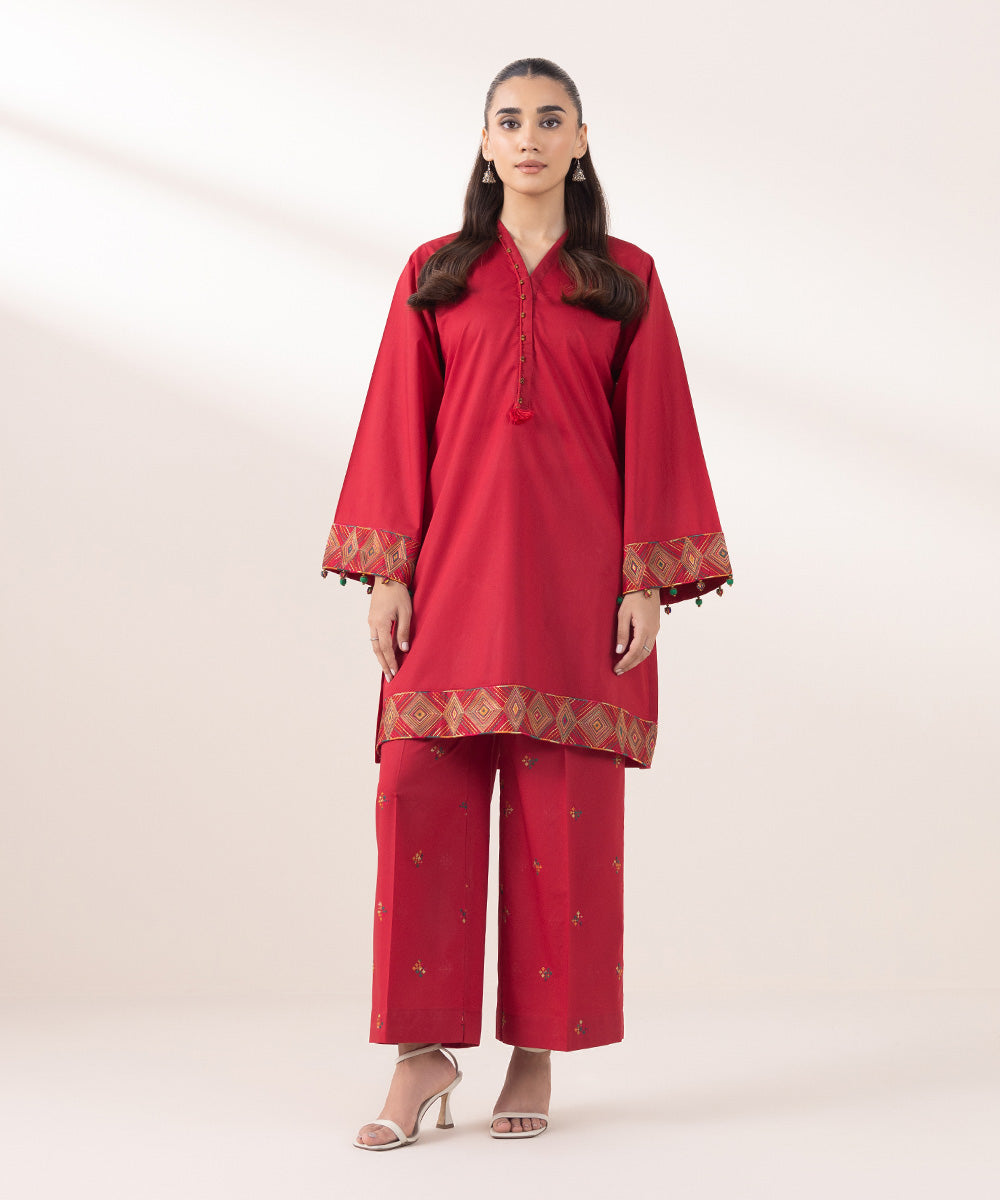 Women's Pret Cambric Embroidered Red Boxy Shirt