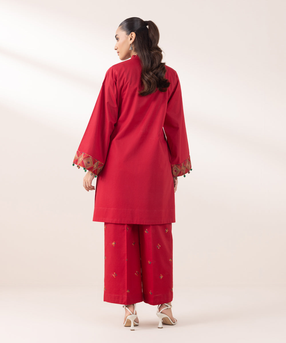 Women's Pret Cambric Embroidered Red Boxy Shirt