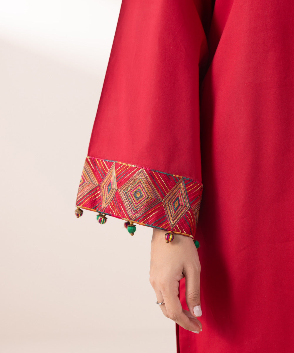 Women's Pret Cambric Embroidered Red Boxy Shirt