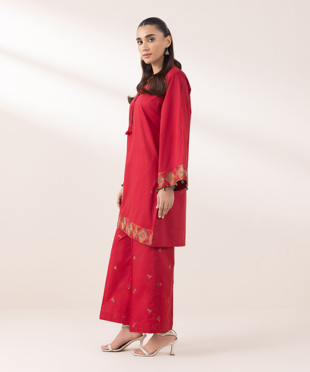 Women's Pret Cambric Embroidered Red Boxy Shirt