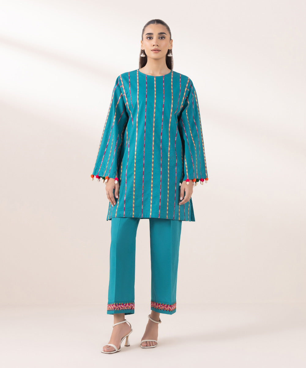 Women's Pret Cambric Embroidered Teal Boxy Shirt