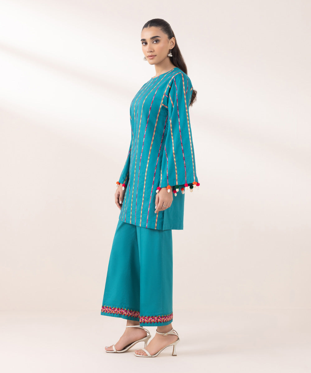 Women's Pret Cambric Embroidered Teal Boxy Shirt