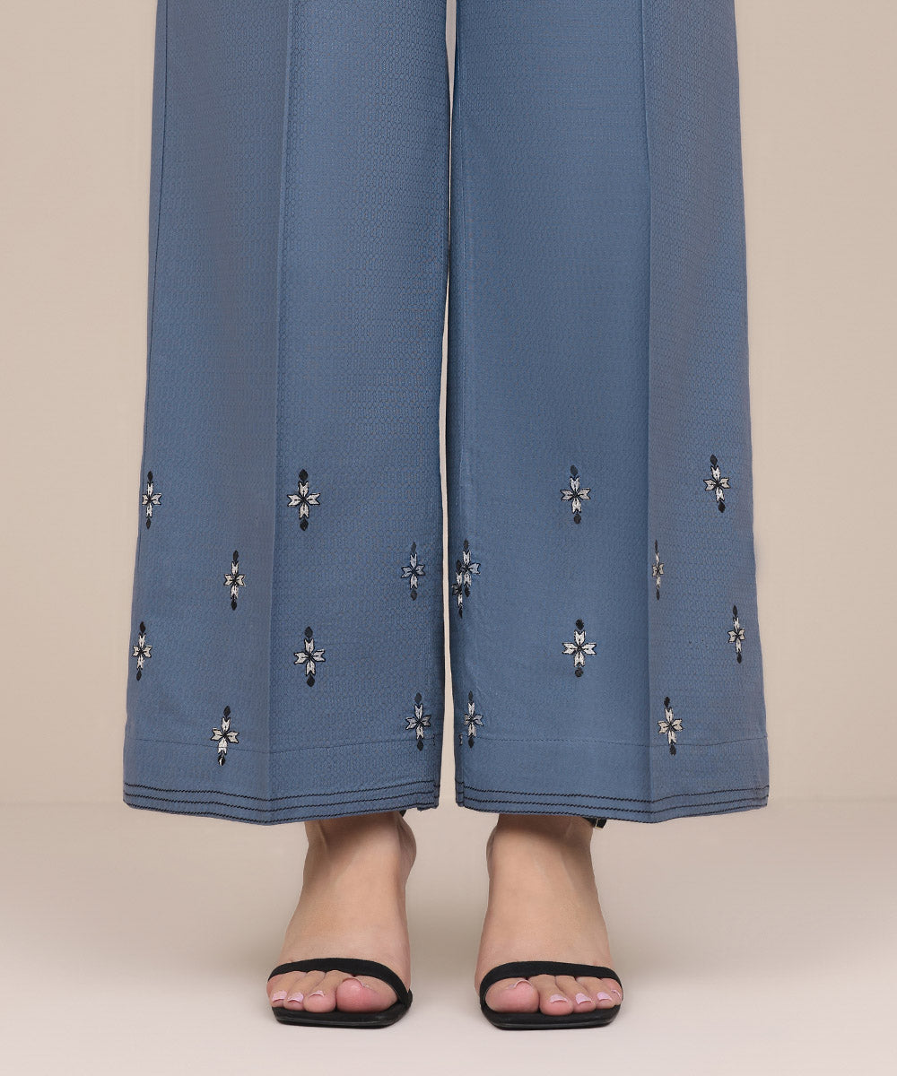 Women's Pret Dobby Blue Embroidered Culottes