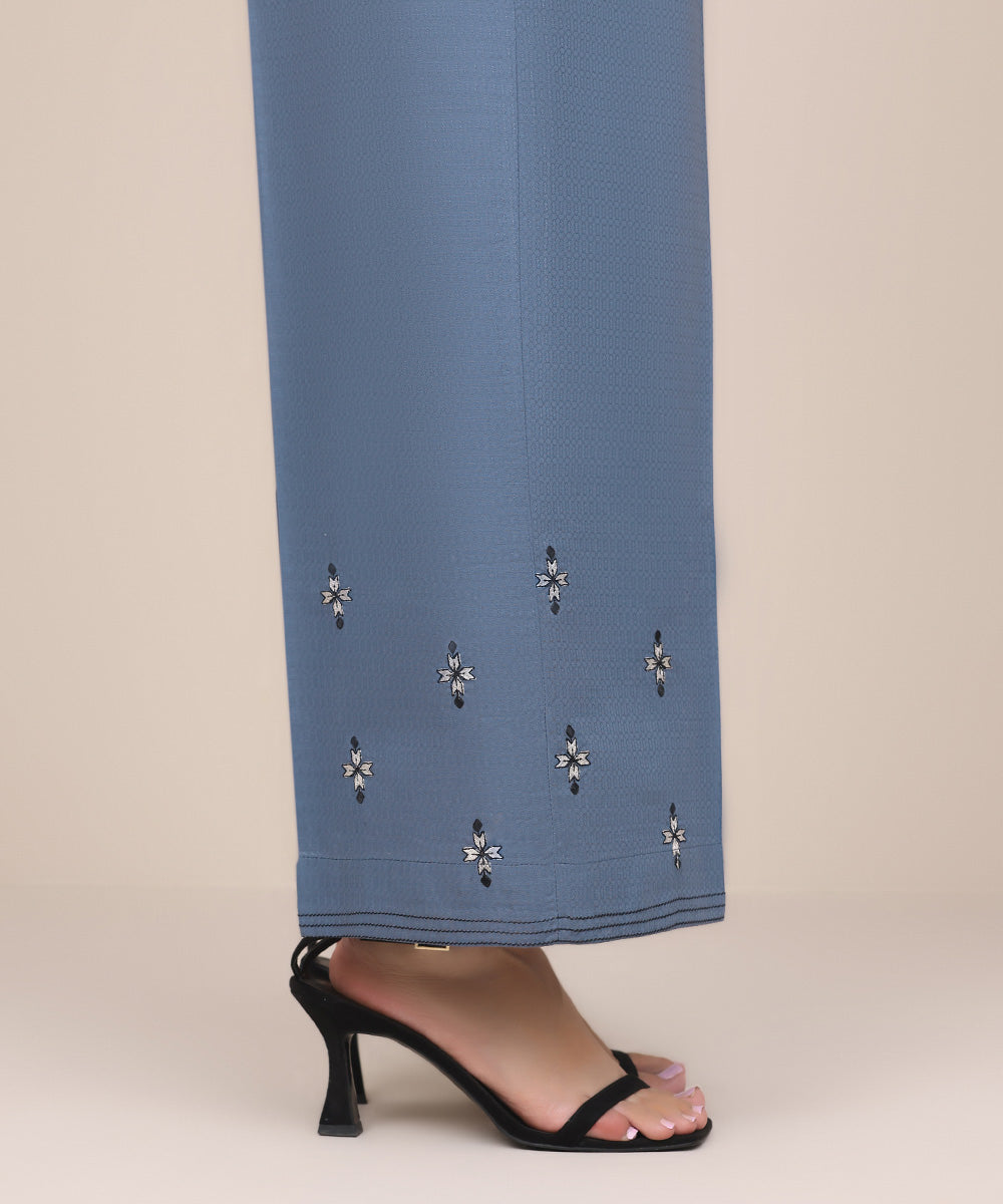 Women's Pret Dobby Blue Embroidered Culottes