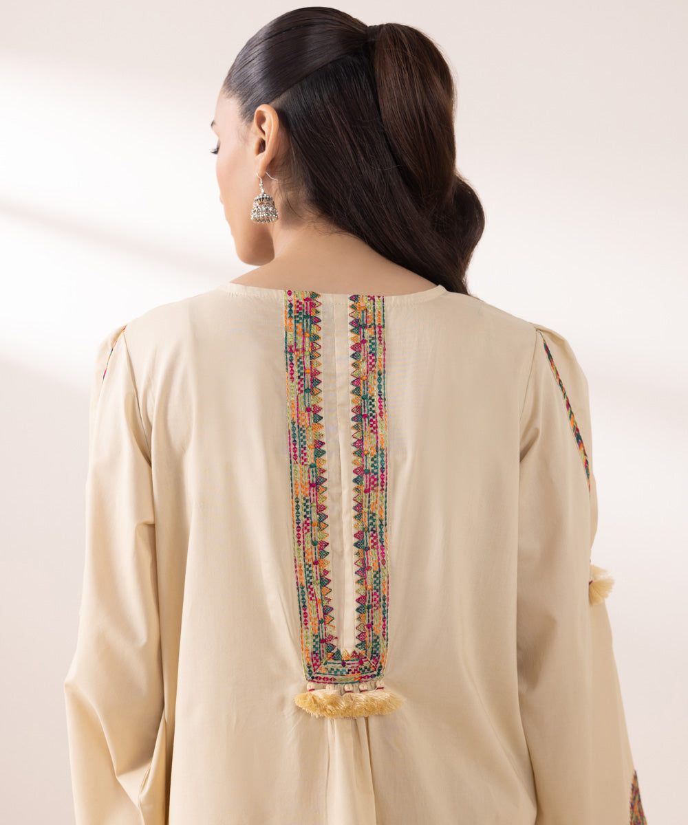 Women's Pret Cambric Embroidered Beige  Shirt