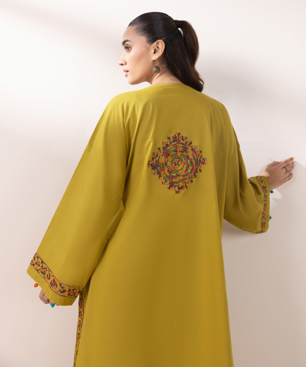 Women's Pret Cambric Embroidered Olive Yellow Boxy Shirt