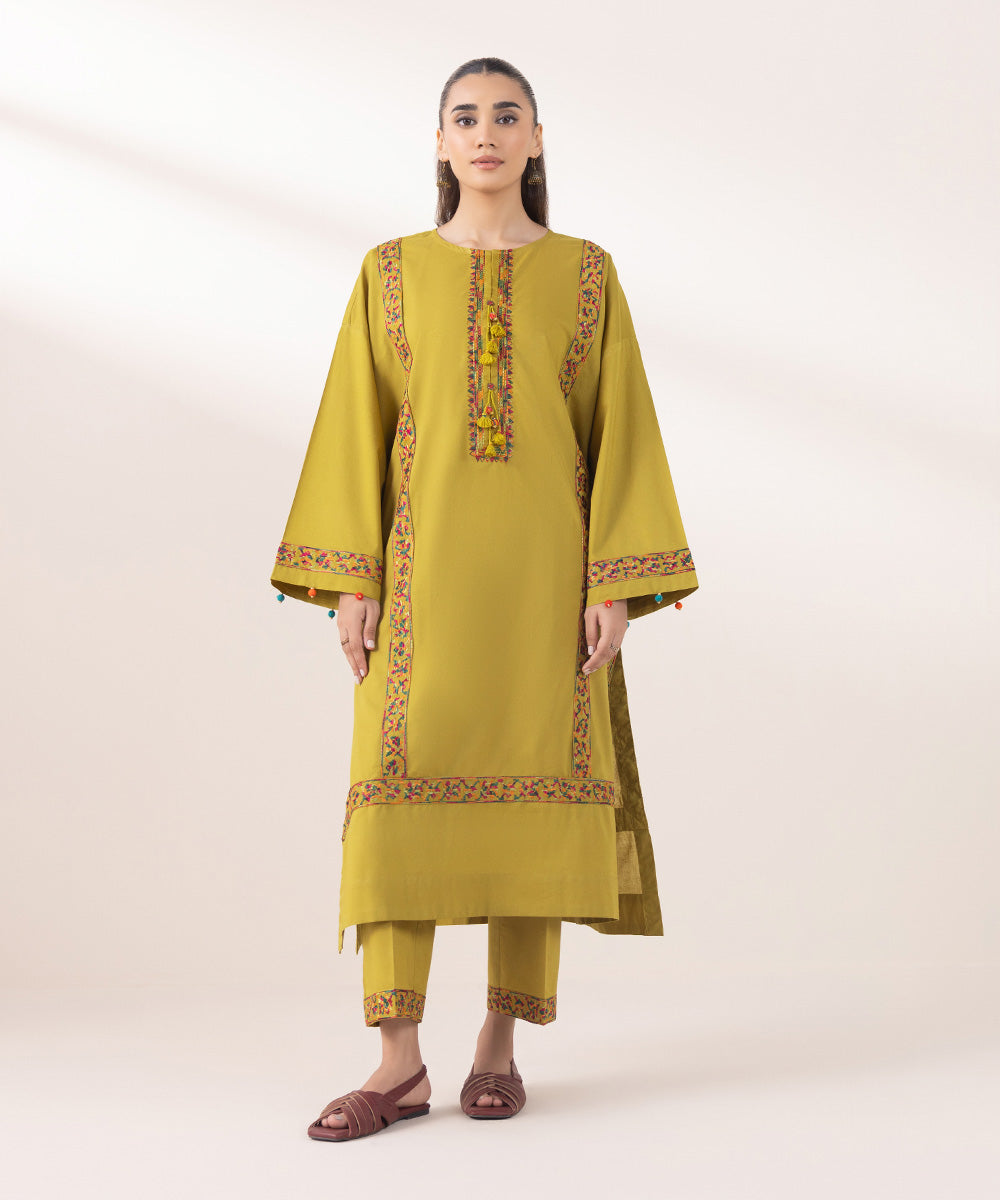 Women's Pret Cambric Embroidered Olive Yellow Boxy Shirt