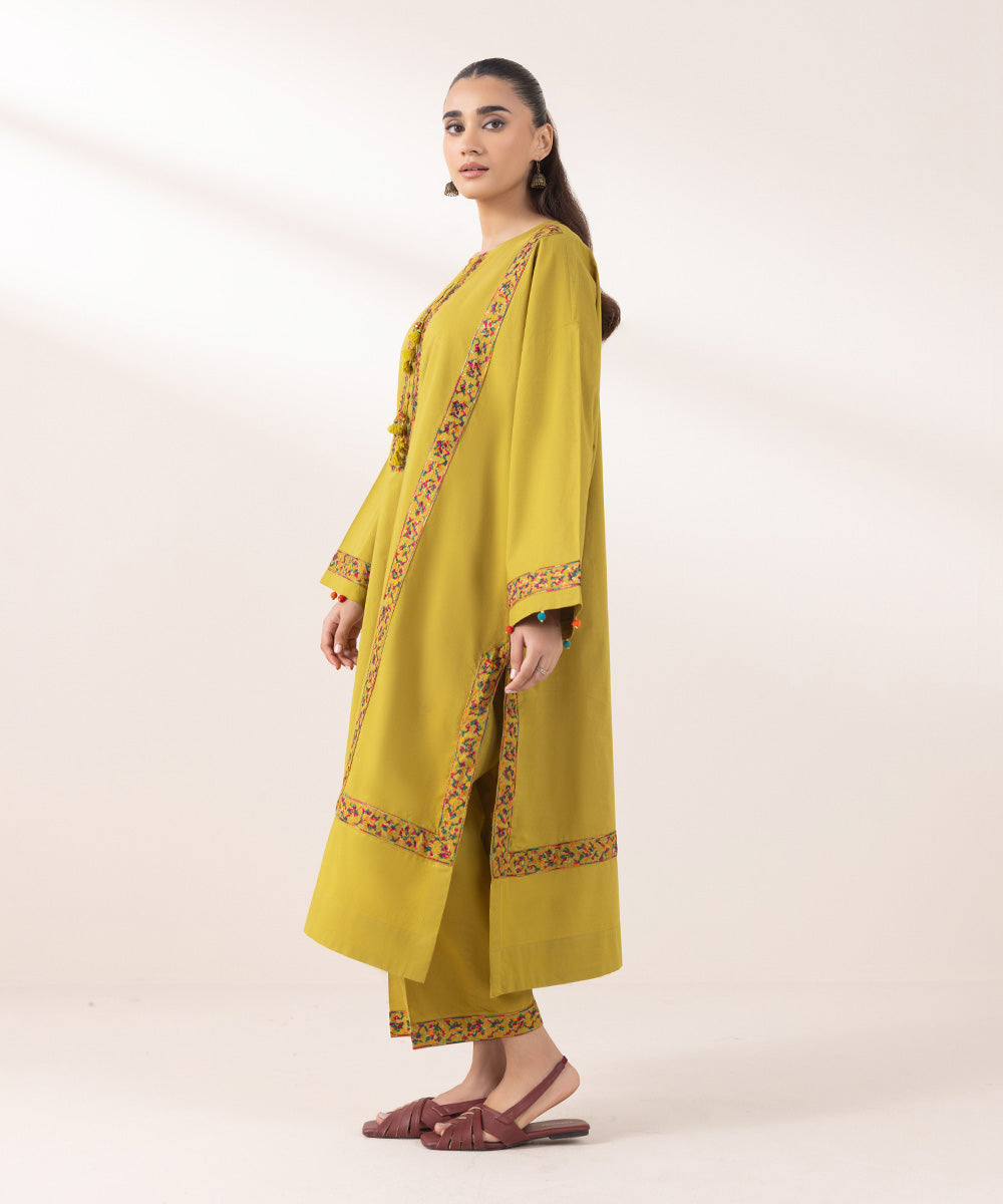 Women's Pret Cambric Embroidered Olive Yellow Boxy Shirt