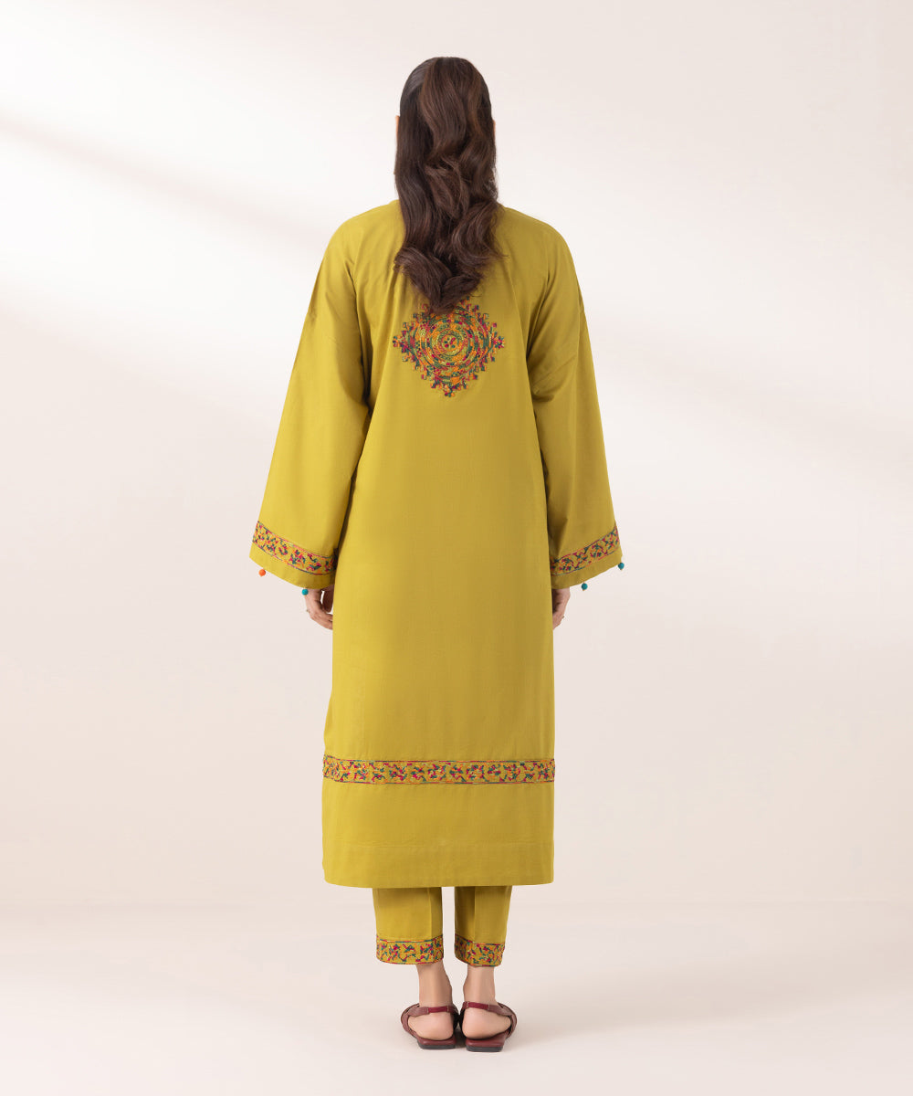 Women's Pret Cambric Embroidered Olive Yellow Boxy Shirt