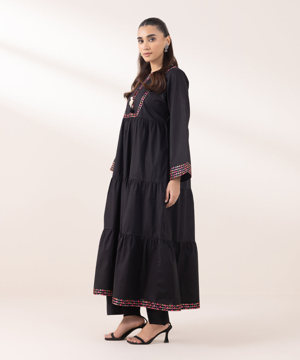 Women's Pret Cambric Embroidered Black Tier Dress