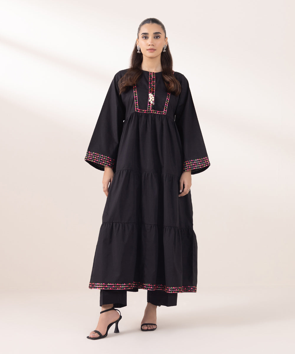 Women's Pret Cambric Embroidered Black Tier Dress