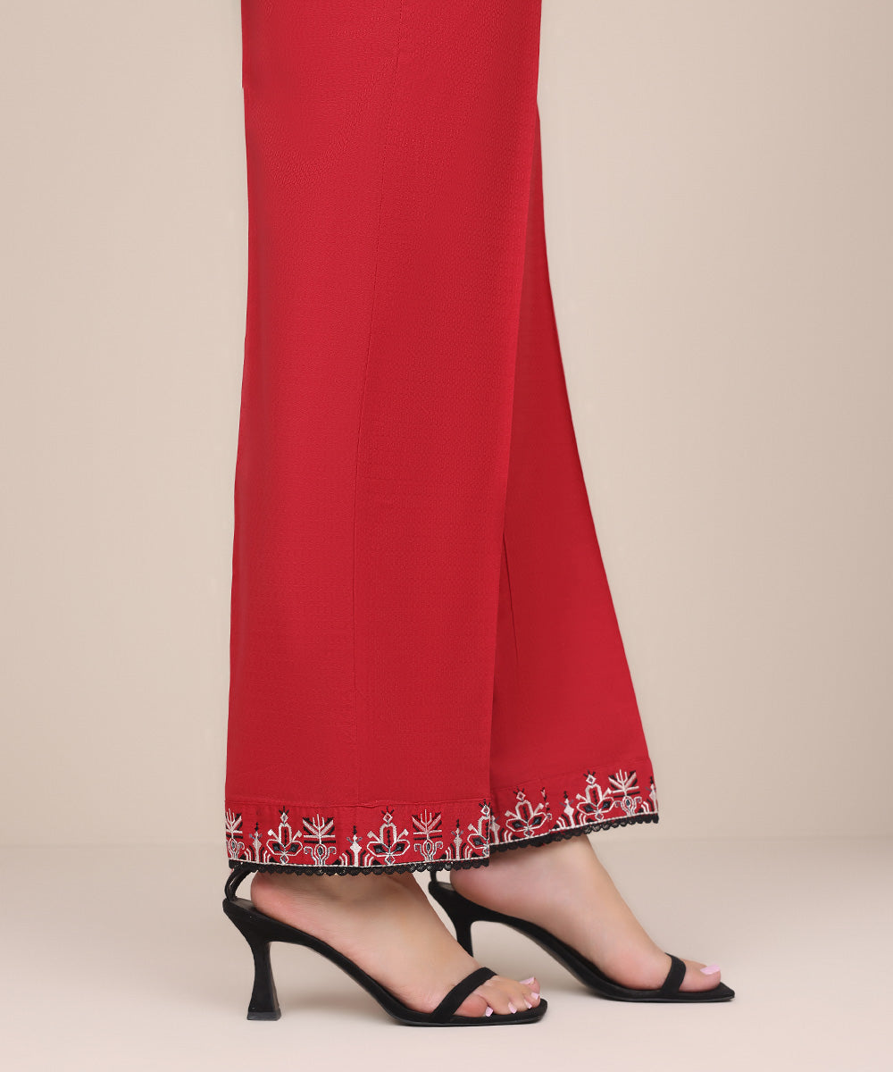 Women's Pret Dobby Red Embroidered Straight Pants