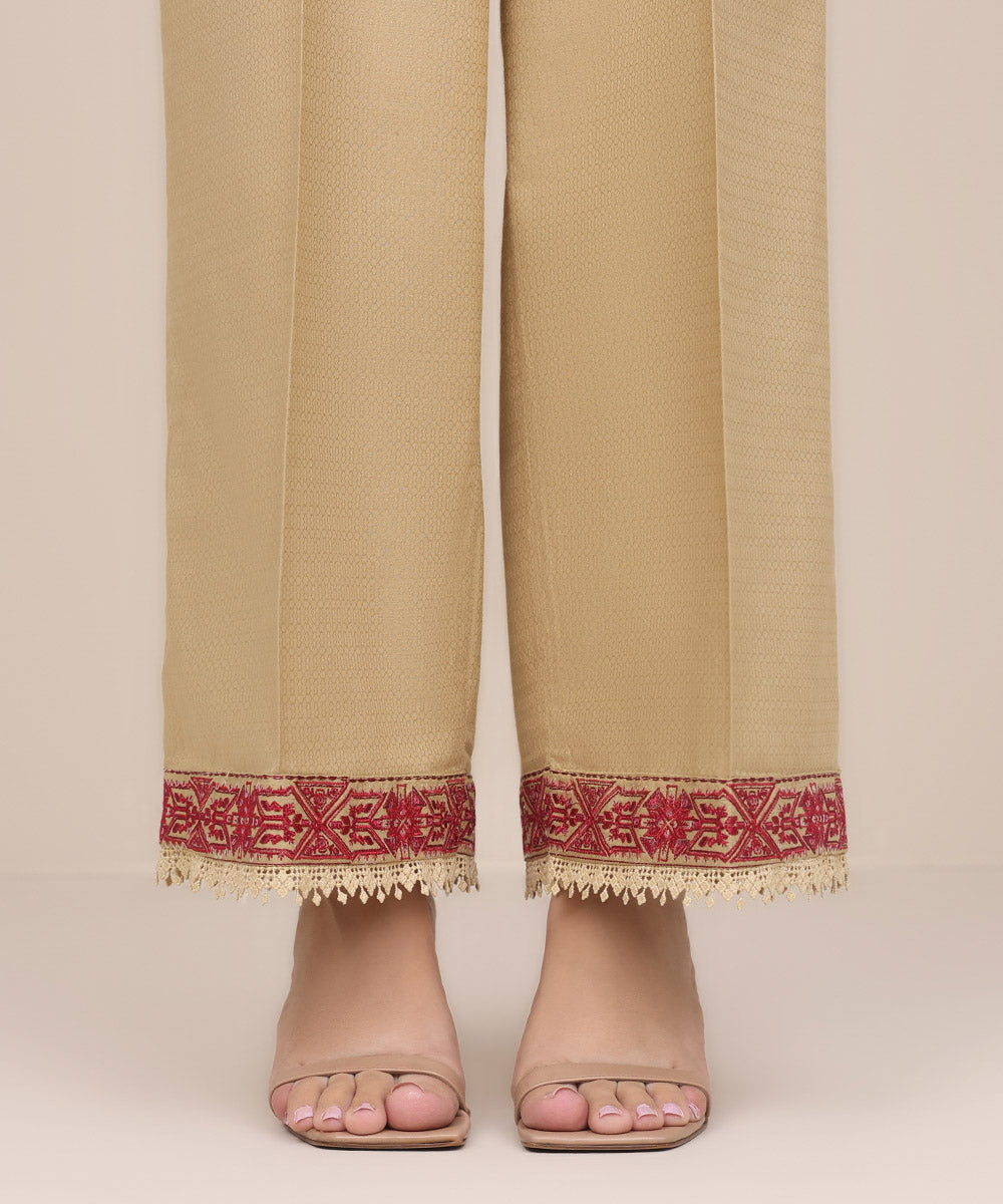 Women's Pret Dobby Beige Embroidered Culottes