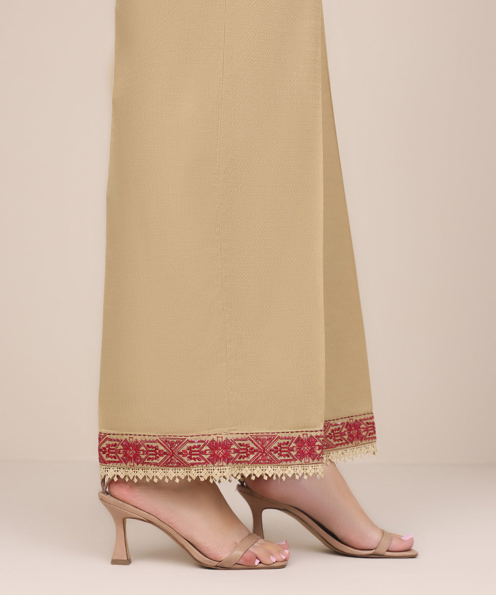 Women's Pret Dobby Beige Embroidered Culottes