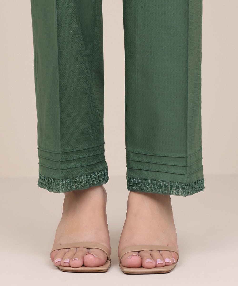 Women's Pret Dobby Green Solid Straight Pants