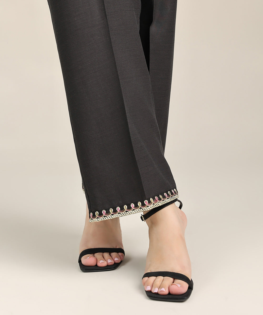 Women's Pret Dull Raw Silk Black Embroidered Straight Pants