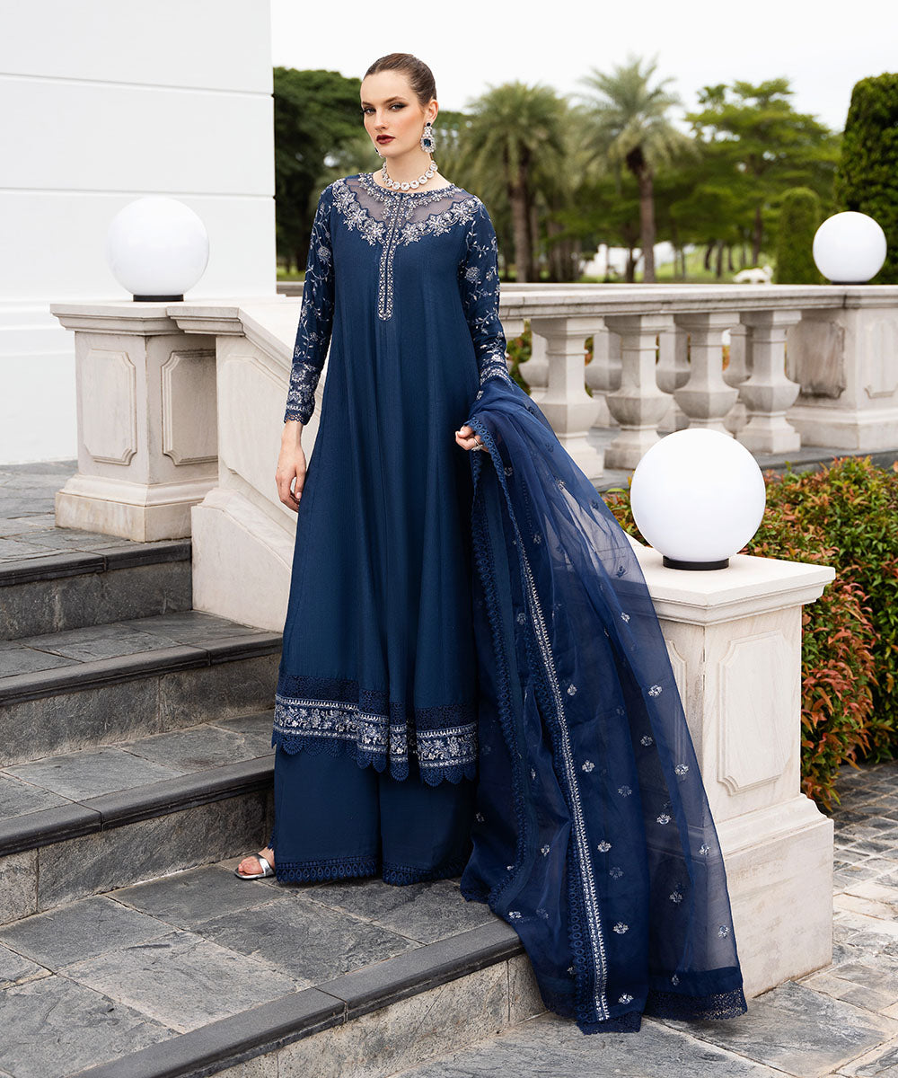 Women's Pret Raw Silk Blue Embroidered Three Piece Suit