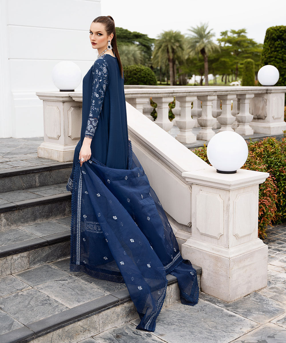 Women's Pret Raw Silk Blue Embroidered Three Piece Suit