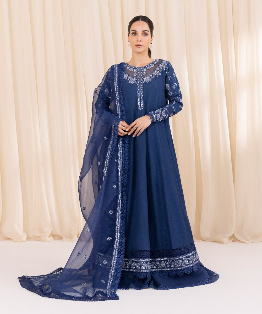 Women's Pret Raw Silk Blue Embroidered Three Piece Suit