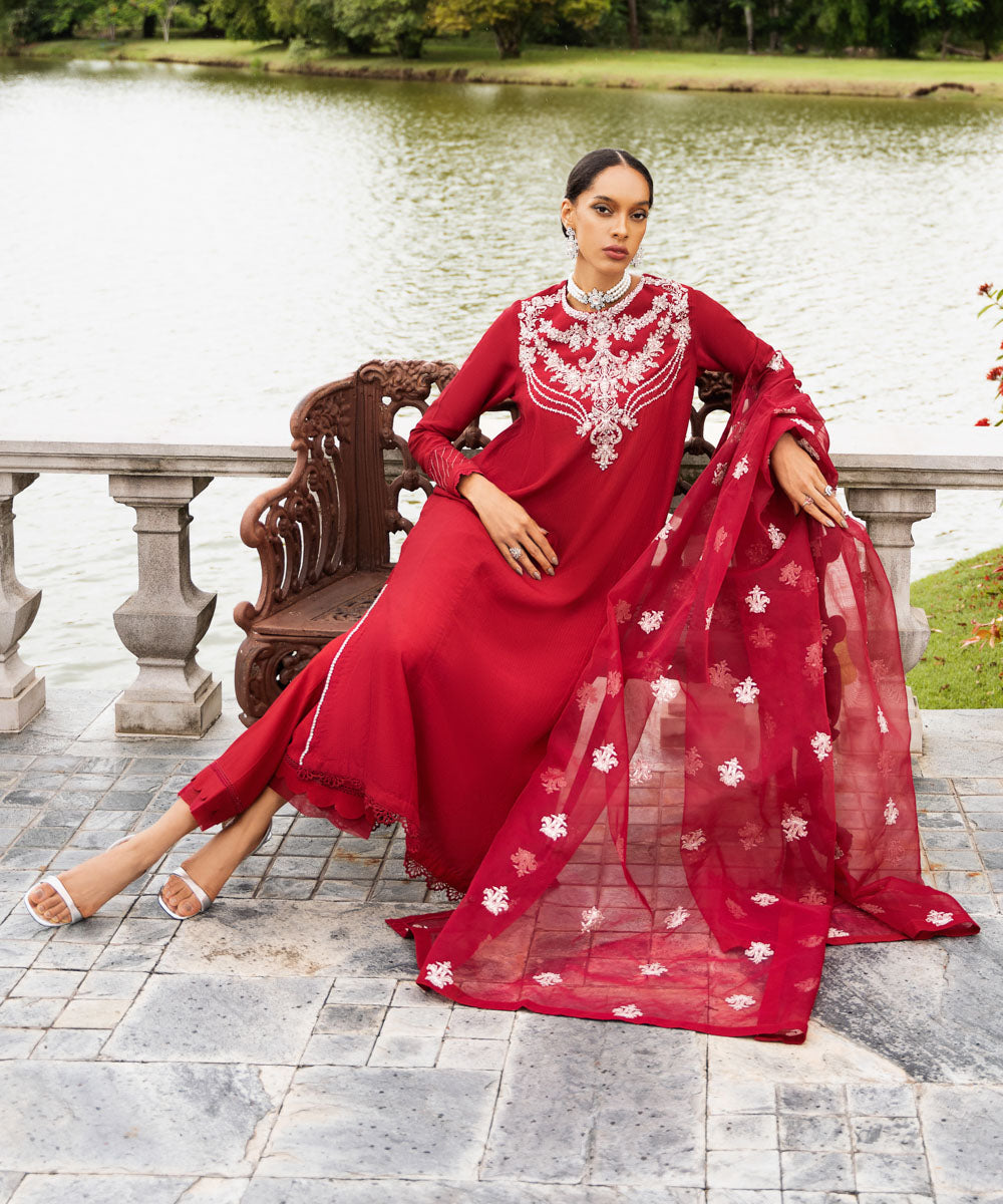 Women's Pret Raw Silk Red Embroidered Three Piece Suit