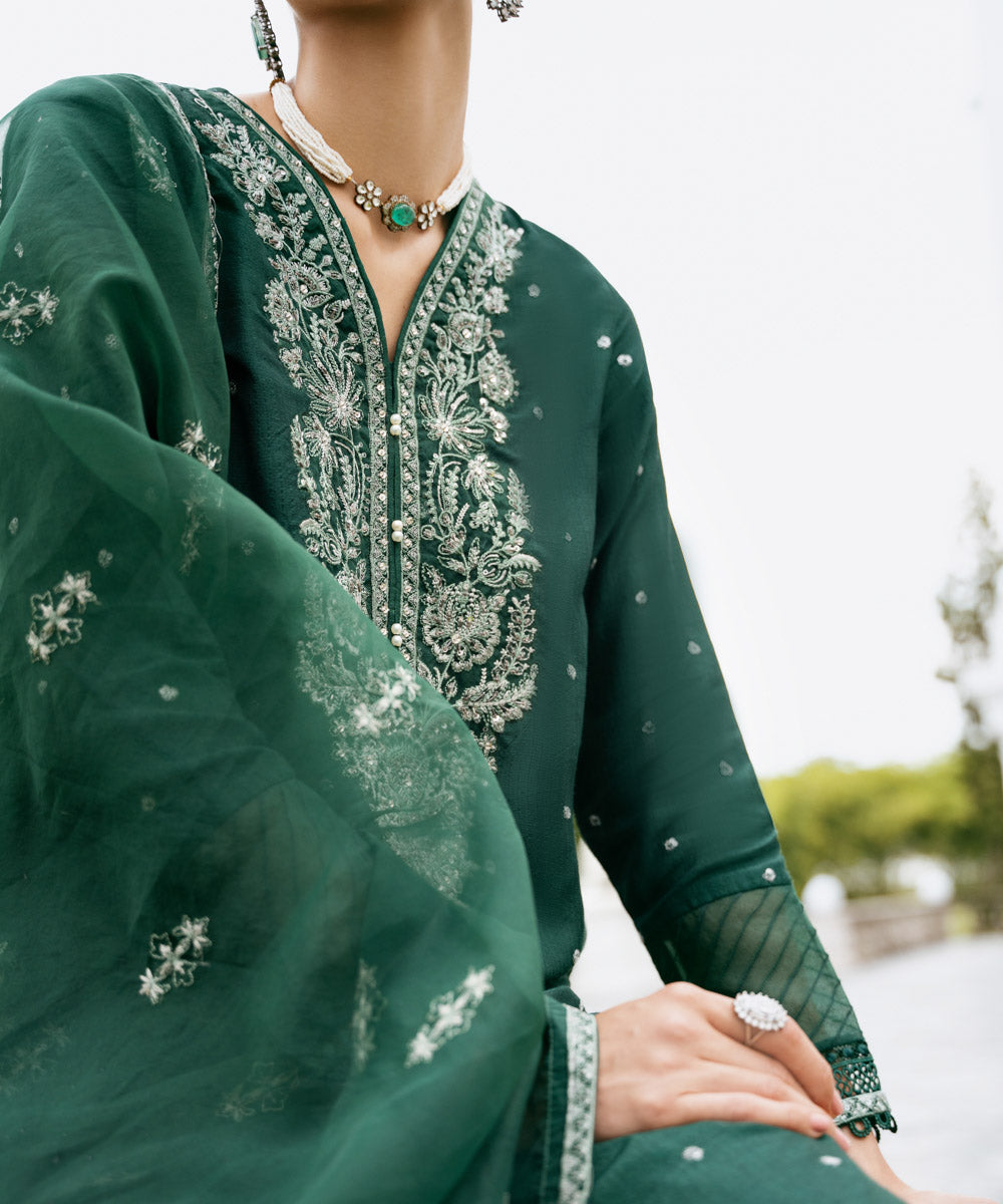 Women's Pret Raw Silk Green Embroidered Three Piece Suit