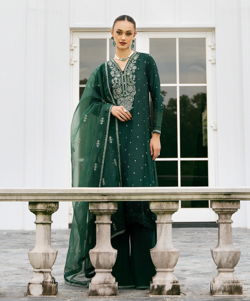 Women's Pret Raw Silk Green Embroidered Three Piece Suit