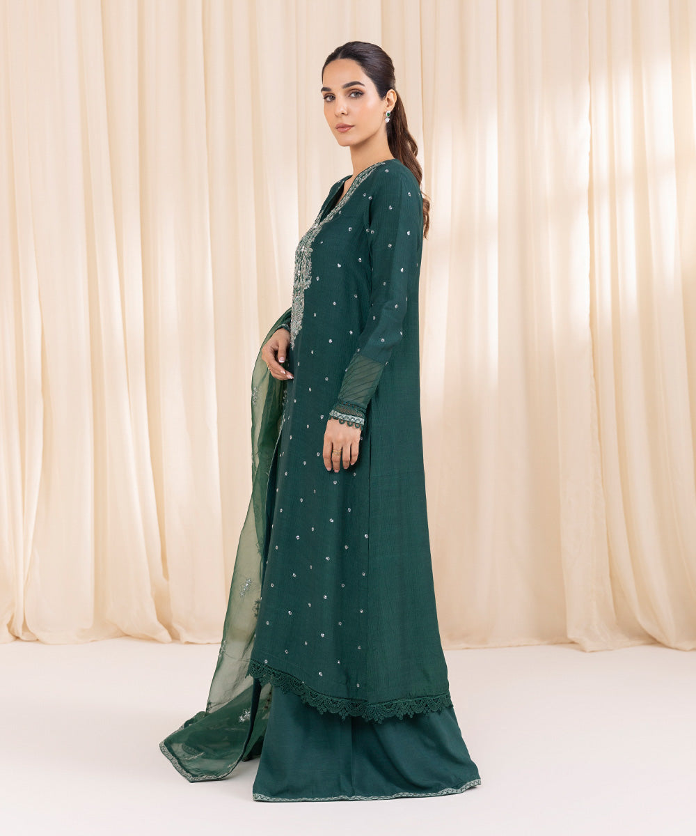 Women's Pret Raw Silk Green Embroidered Three Piece Suit