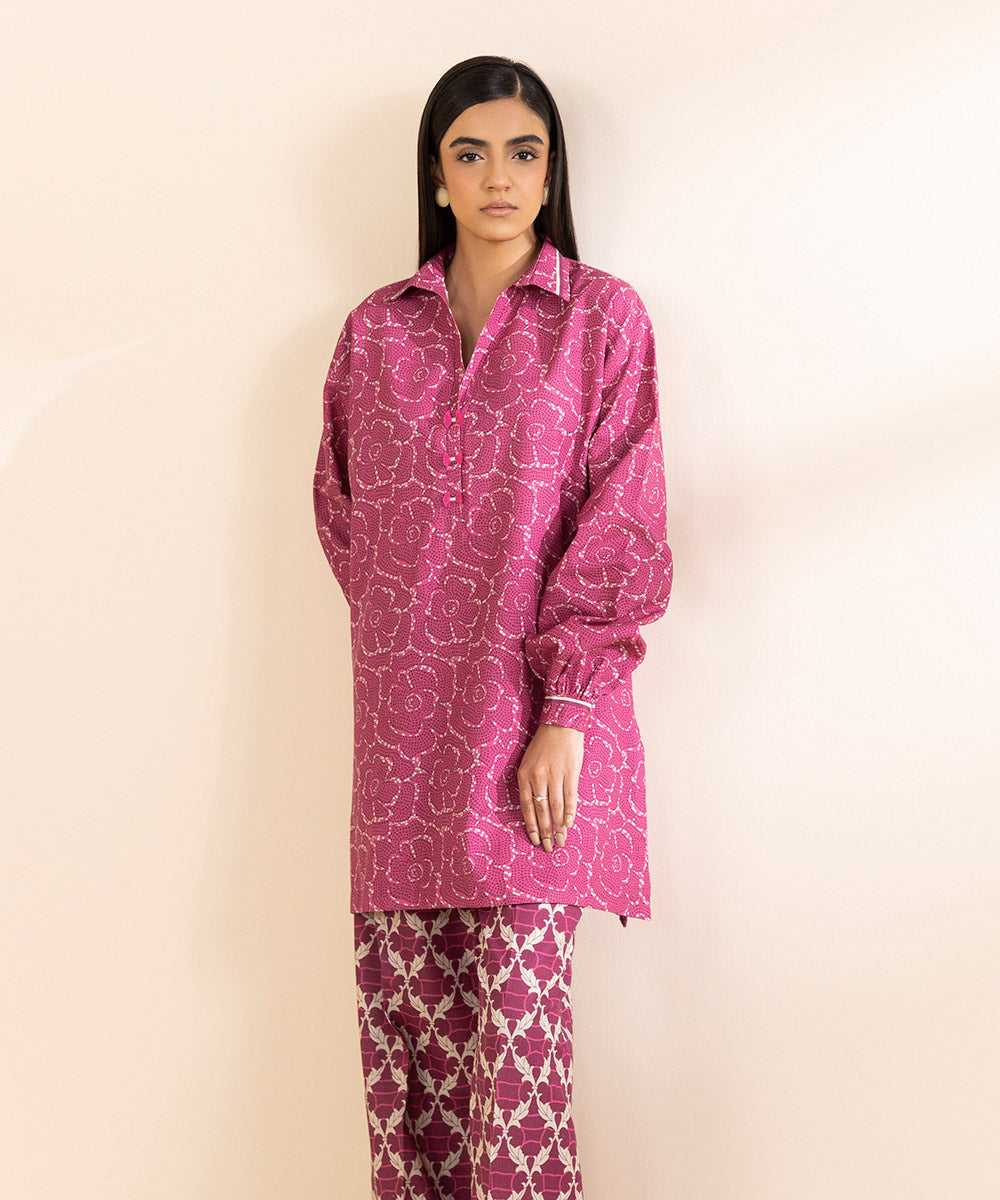 Women's Unstitched Cambric Printed Pink 2 Piece Suit