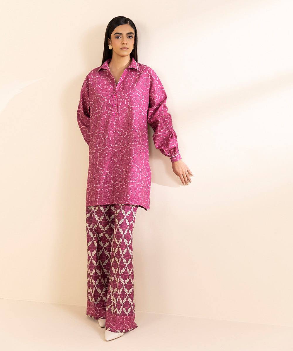 Women's Unstitched Cambric Printed Pink 2 Piece Suit